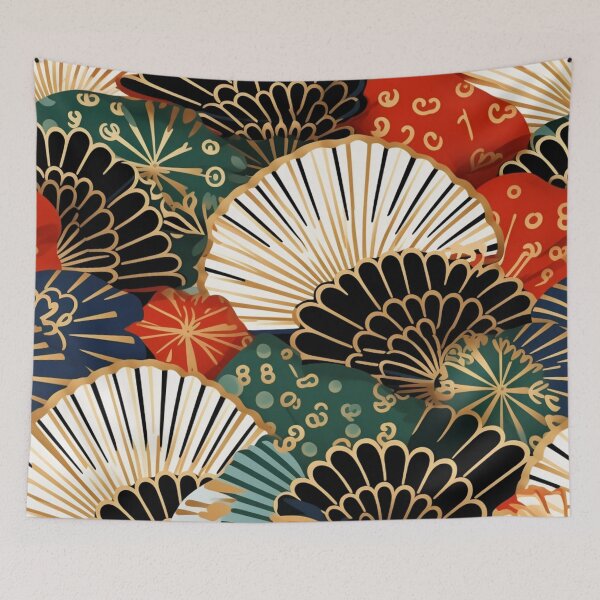Item preview, Colorful fantasy pattern beige red green white black ornaments fans Japan designed and sold by G-M-Designs.