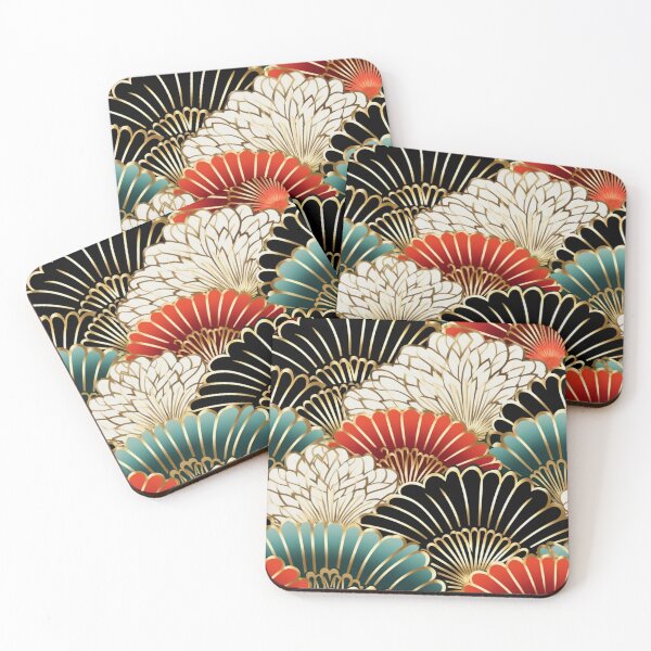 Aperçu de l'œuvre Motif fantaisie coloré beige or rouge vert blanc noir ornements fans Japon créée et vendue par G-M-Designs.