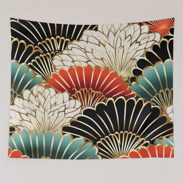 Aperçu de l'œuvre Motif fantaisie coloré beige or rouge vert blanc noir ornements fans Japon créée et vendue par G-M-Designs.