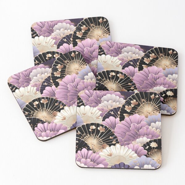 Aperçu de l'œuvre Motif fantaisie coloré rose beige blanc violet or noir ornements fans du Japon créée et vendue par G-M-Designs.