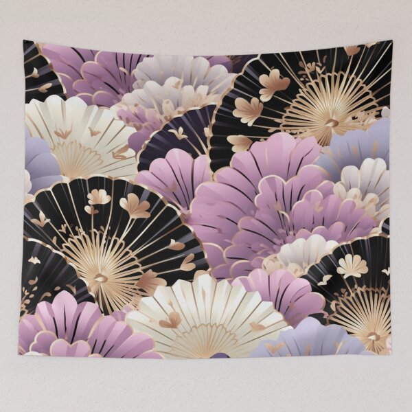 Aperçu de l'œuvre Motif fantaisie coloré rose beige blanc violet or noir ornements fans du Japon créée et vendue par G-M-Designs.