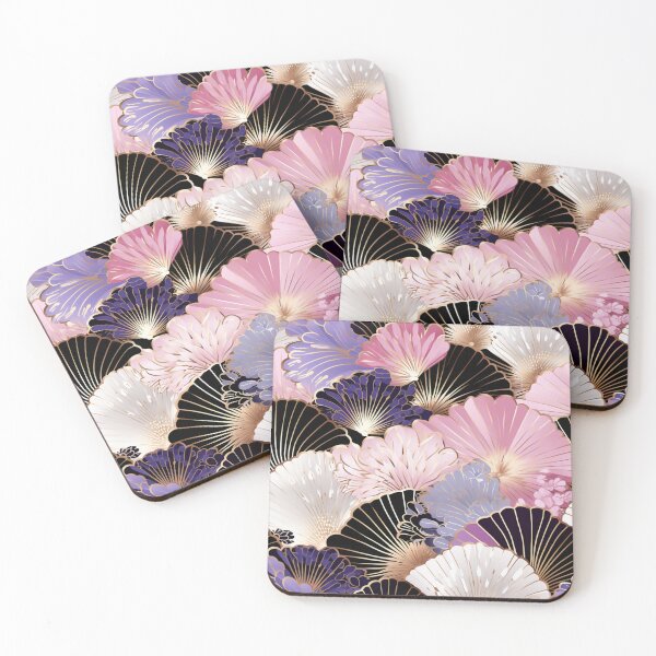 Aperçu de l'œuvre Motif fantaisie coloré rose beige blanc violet or noir ornements fans du Japon créée et vendue par G-M-Designs.