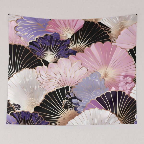 Aperçu de l'œuvre Motif fantaisie coloré rose beige blanc violet or noir ornements fans du Japon créée et vendue par G-M-Designs.