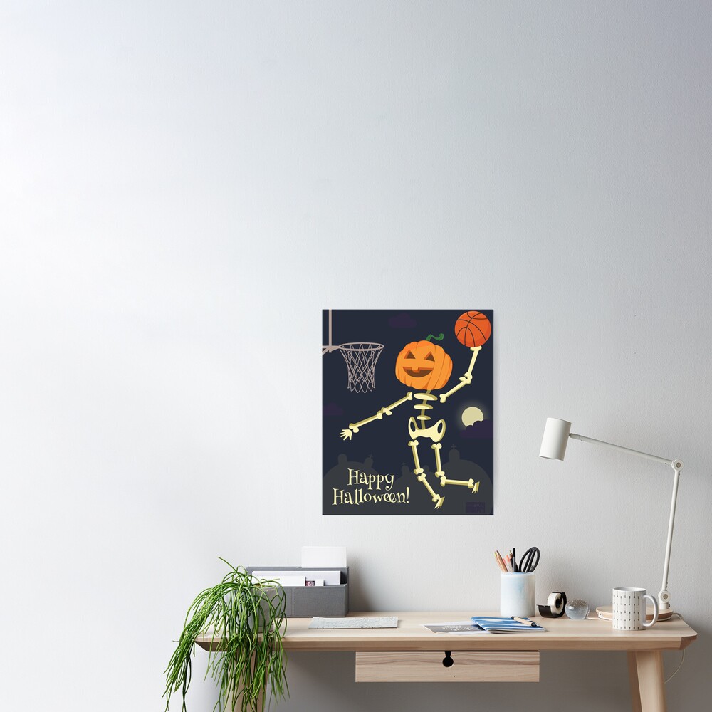 "Pumpkin Head Skeleton Slam Dunk Basketball Halloween" Poster by