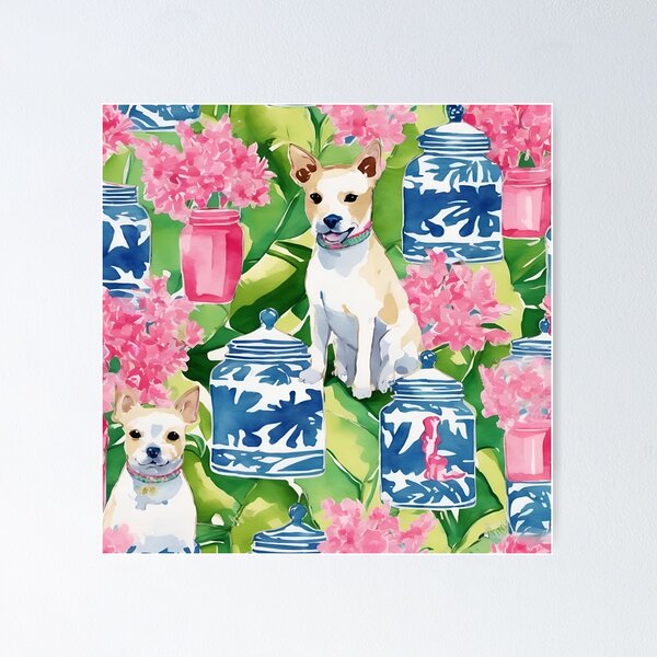 Item preview, Terriers, cherry blossom, and chinoiserie jars designed and sold by SophieClimaArt.