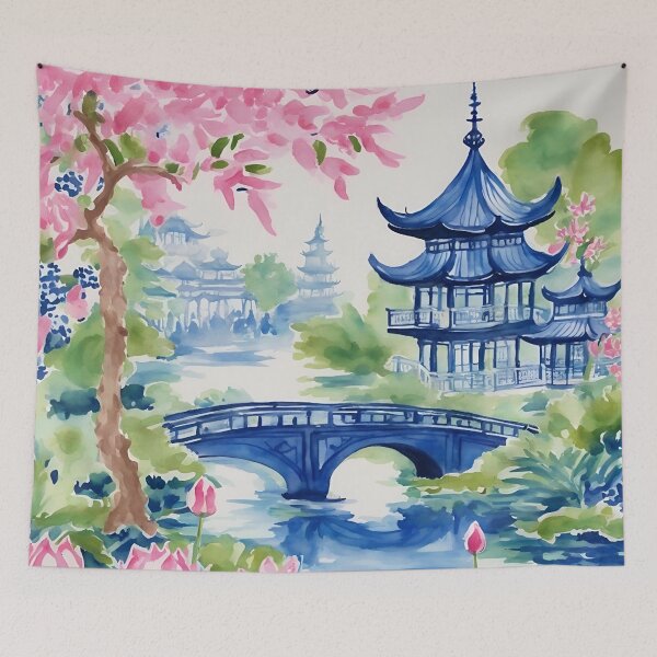 Artikelvorschau, Aquarell-Chinoiserie-Landschaft mit Pagoden und Kirschblüten entworfen und verkauft von SophieClimaArt.