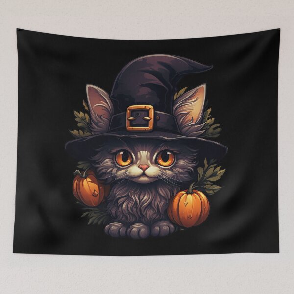 Item preview, Cute cat with a Halloween hat and a few pumpkins designed and sold by InfigoArt.