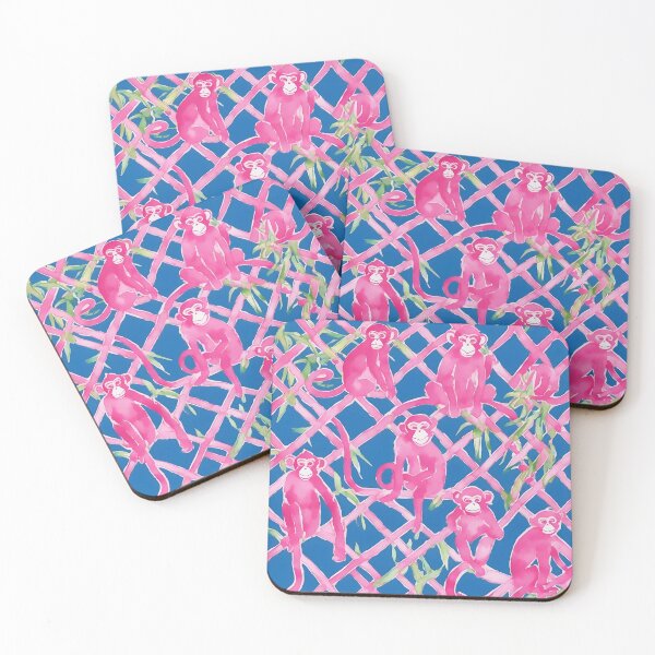 Item preview, Pink monkeys and bamboo lattice on navy blue designed and sold by SophieClimaArt.
