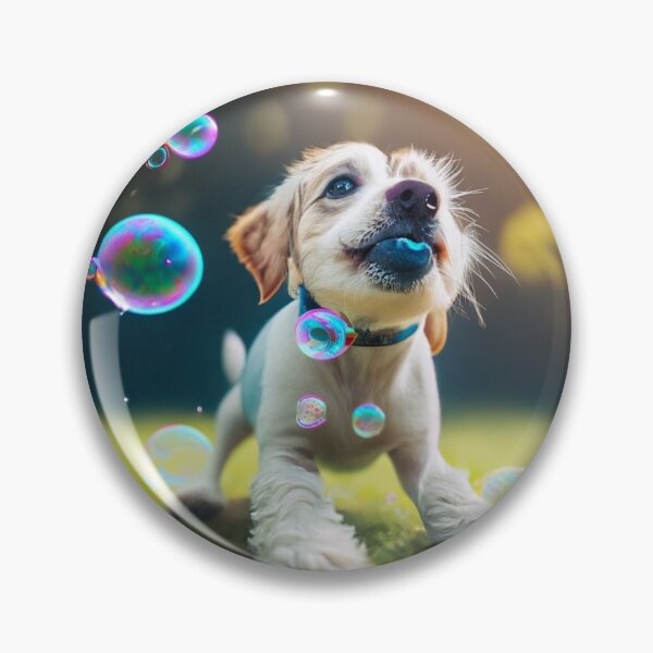 Item preview, White cute little puppy playing with bubbles at a green field  designed and sold by FCEalin.