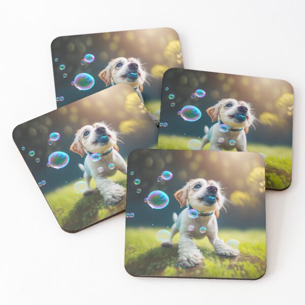Item preview, White cute little puppy playing with bubbles at a green field  designed and sold by FCEalin.