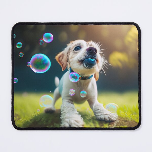 Item preview, White cute little puppy playing with bubbles at a green field  designed and sold by FCEalin.