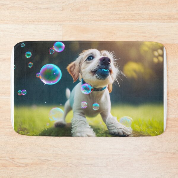 Item preview, White cute little puppy playing with bubbles at a green field  designed and sold by FCEalin.