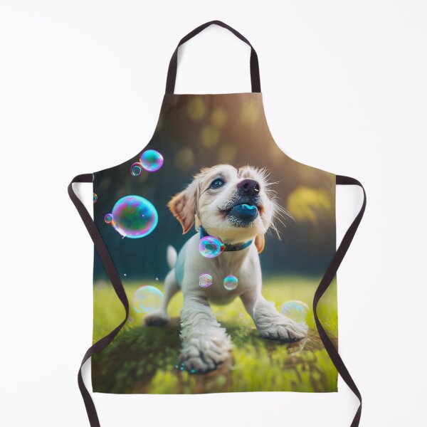 Item preview, White cute little puppy playing with bubbles at a green field  designed and sold by FCEalin.