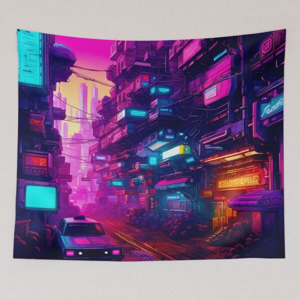 Item preview, Cyberpunk Back Streets In The Glow Of Neon Signs designed and sold by Ink Art Design.