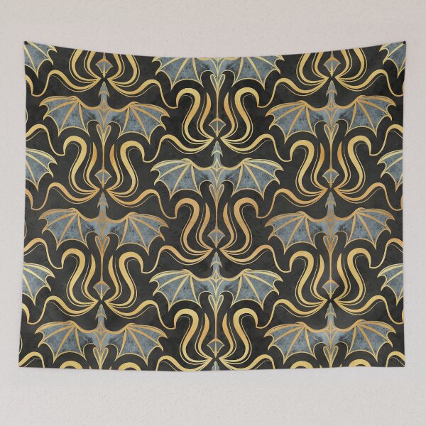 Item preview, Whimsical dragon creatures // black background metallic golden texture and grey green fantastic magical legendary beasts designed and sold by SelmaCardoso.