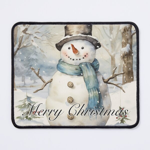 Item preview, Merry Christmas Snowman winter scene blue and white Christmas vintage watercolor designed and sold by Inktown.