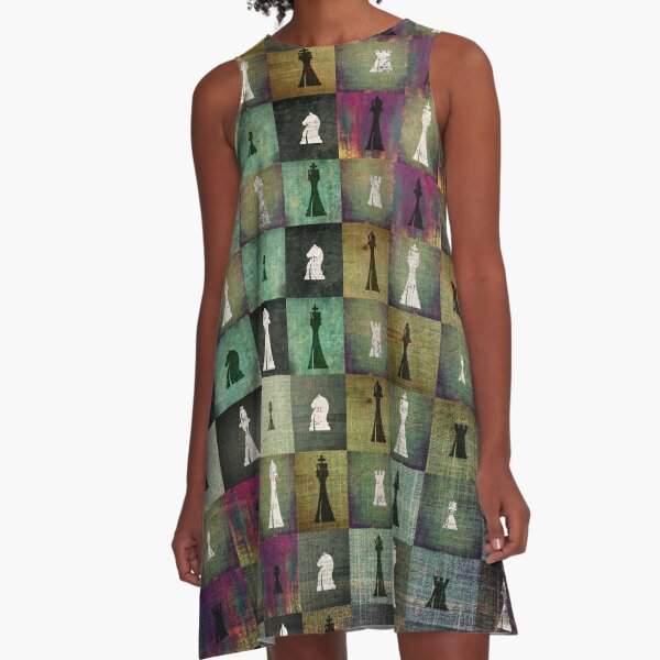Paint and Print  Chessboard and Chess Pieces pattern A-Line Dress