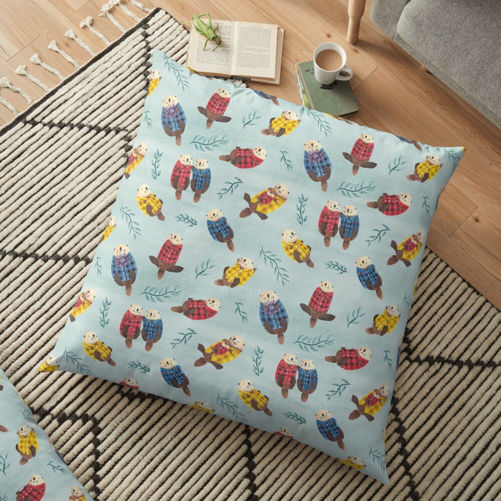 Sea Otters Wearing Plaid Floor Pillow