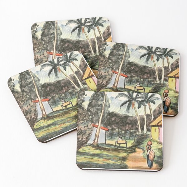 Item preview, Watercolor Guatemala 1937 Postcard Village with Volcano and Palm Trees designed and sold by Neeshki.