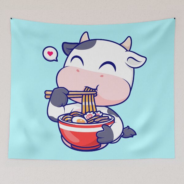 Item preview, The Noodle-Loving Cow: Cute Cow Eating Ramen Noodle Cartoon Vector Icon Illustration designed and sold by hjian8219.