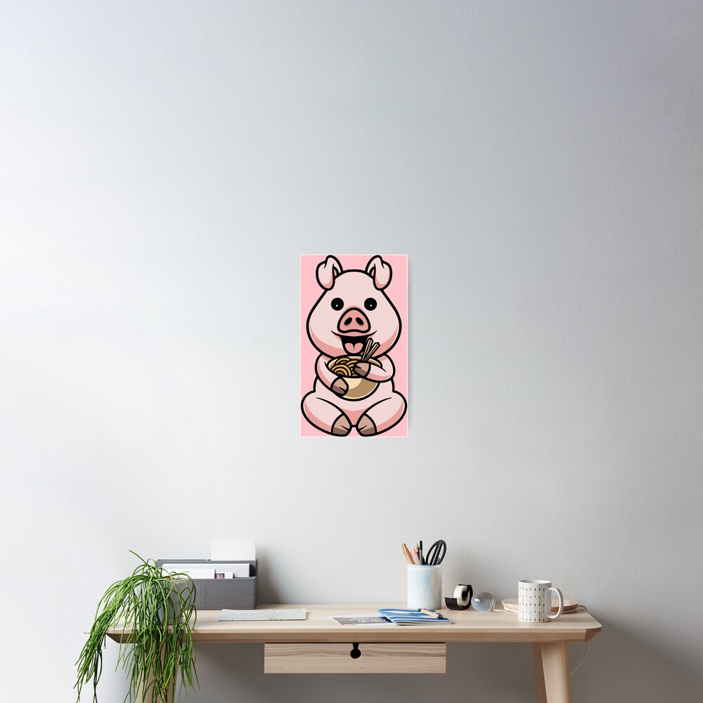 Cute pig eating noodle cartoon illustration | Poster