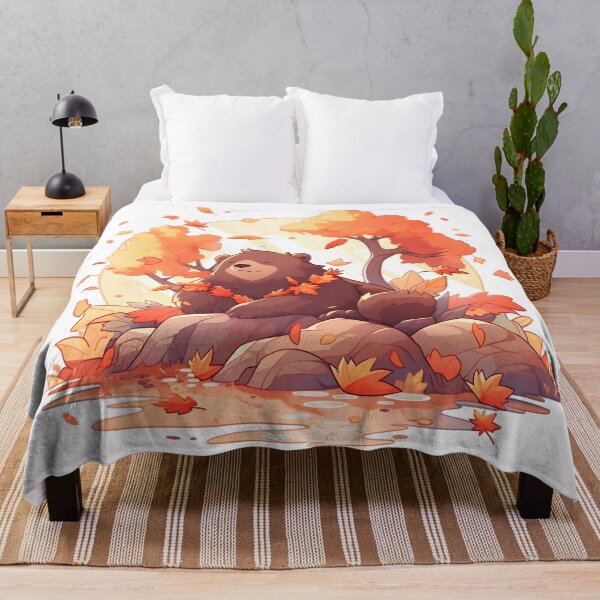 Item preview, Smiling Brown Bear in Autumn with Fall Leaves designed and sold by InkedBeasts.