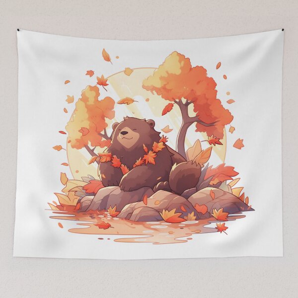 Item preview, Smiling Brown Bear in Autumn with Fall Leaves designed and sold by InkedBeasts.