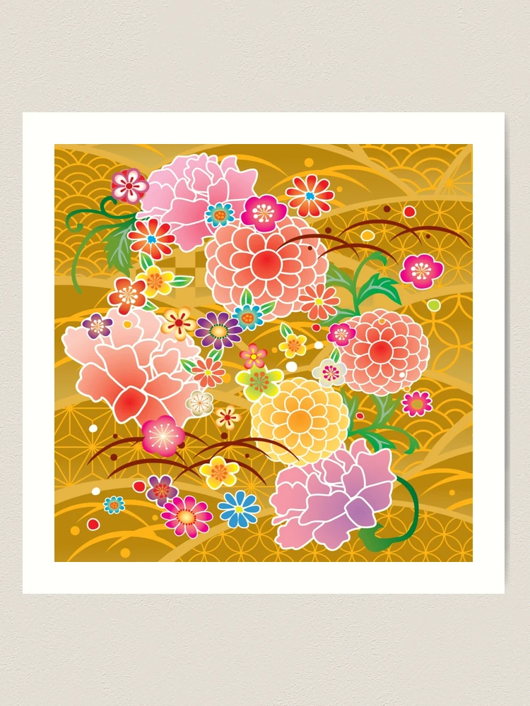 Cute Abstract Flowers Retro Japanese Floral Pattern Art Print for