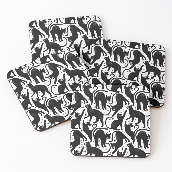 Item preview, black cats with white whiskers on white background with stars and bloobs designed and sold by RenattaZare.