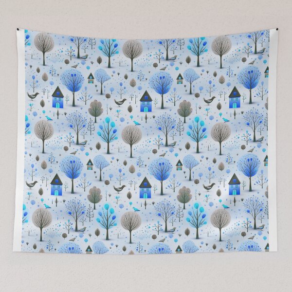 Item preview, Naive birdhouse illustration blue designed and sold by Alessandro Remo Mazzoni Remotextiles.