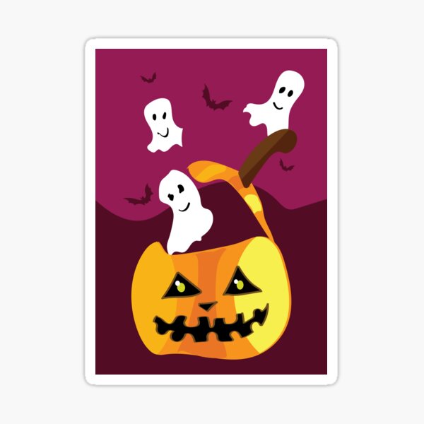 Spooky Season - Halloween Illustration card of creepy pumpkin and flying ghosts above Sticker