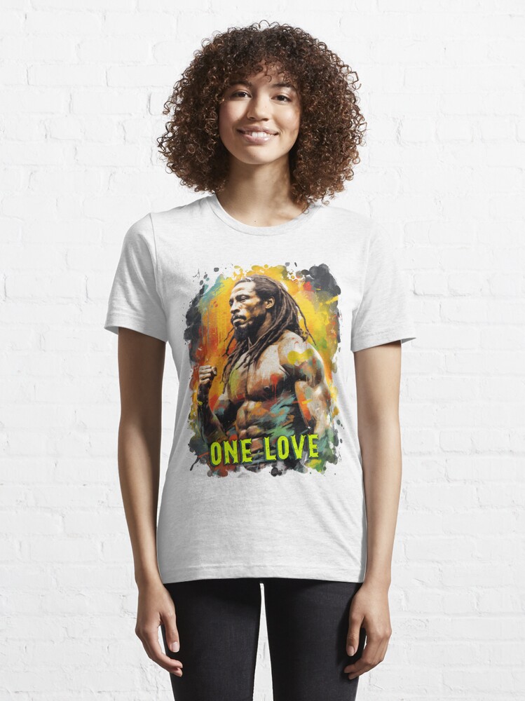 A graffiti-style Bob Marley with a reggae backdrop One love Essential T- Shirt for Sale by LunarLandscapes