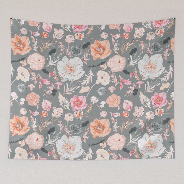 Item preview, Graceful Gray Canvas with Soft Pink, White, and Orange Big Florals designed and sold by ara-designs.