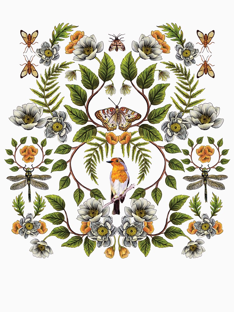 Thumbnail 7 of 7, Classic T-Shirt, Spring Reflection - Floral/Botanical Pattern w/ Birds, Moths, Dragonflies & Flowers designed and sold by somecallmebeth.