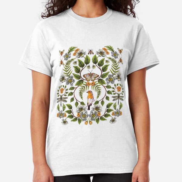Spring Reflection - Floral/Botanical Pattern w/ Birds, Moths, Dragonflies & Flowers Classic T-Shirt