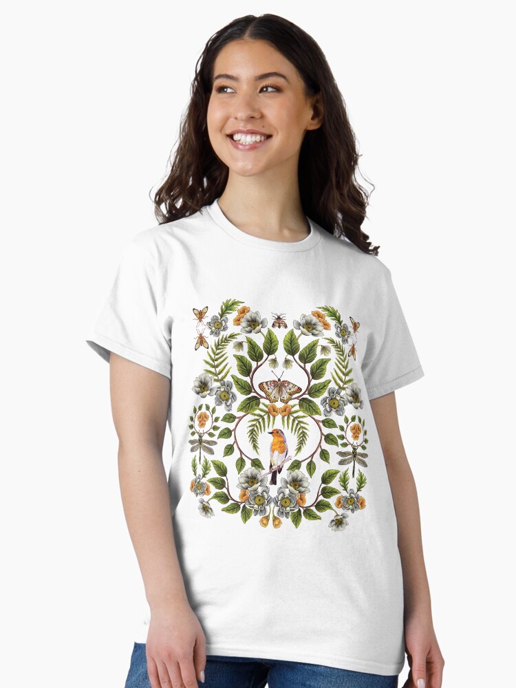Thumbnail 2 of 7, Classic T-Shirt, Spring Reflection - Floral/Botanical Pattern w/ Birds, Moths, Dragonflies & Flowers designed and sold by somecallmebeth.