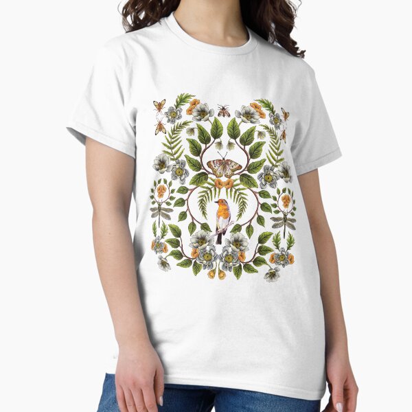 Vista previa del artículo con la obra «Reflexión primaveral: diseño floral y botánico con pájaros, polillas, libélulas y flores», diseñado y vendido por somecallmebeth.