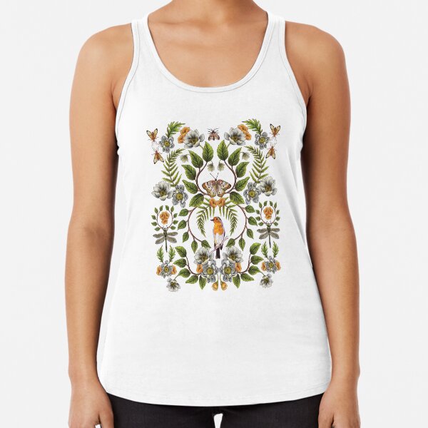 Spring Reflection - Floral/Botanical Pattern w/ Birds, Moths, Dragonflies & Flowers Racerback Tank Top
