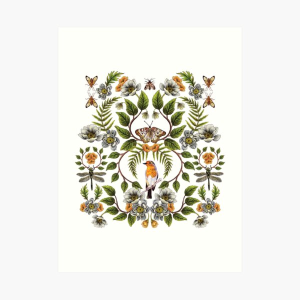 Spring Reflection - Floral/Botanical Pattern w/ Birds, Moths, Dragonflies & Flowers Art Print