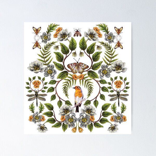 Item preview, Spring Reflection - Floral/Botanical Pattern w/ Birds, Moths, Dragonflies & Flowers designed and sold by somecallmebeth.
