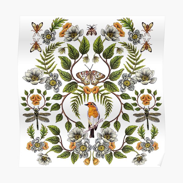 Spring Reflection - Floral/Botanical Pattern w/ Birds, Moths, Dragonflies & Flowers Poster