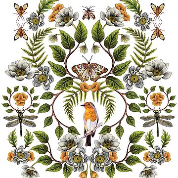 Artwork thumbnail, Spring Reflection - Floral/Botanical Pattern w/ Birds, Moths, Dragonflies & Flowers by somecallmebeth