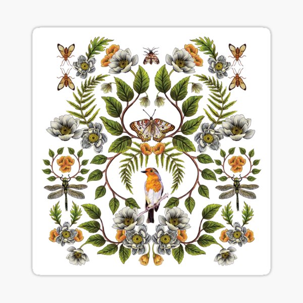 Spring Reflection - Floral/Botanical Pattern w/ Birds, Moths, Dragonflies & Flowers Sticker