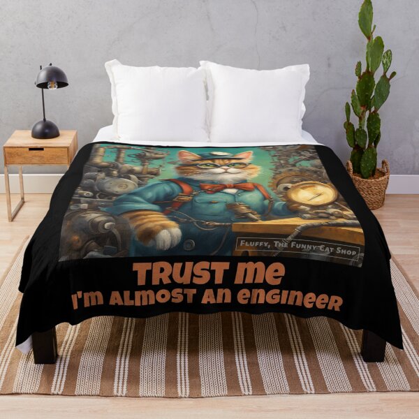 Item preview, Trust me, I'm almost an engineer, smart cat with machine, a funny cat T-shirt designed and sold by FluffyFunnyCat.