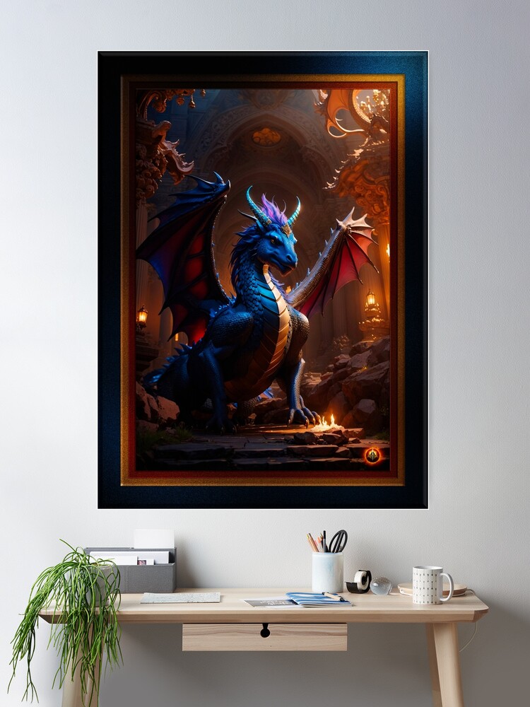 The Dragon In An Ancient Lair Magical Fantasy AI Concept Art by Xzendor7 Wall Decor Poster