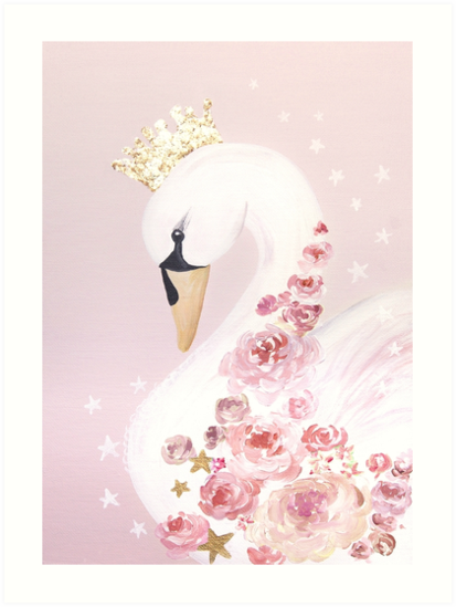 Pink Princess Swan With Flowers Bird Gold Crown Art Prints By Theartistsfamil Redbubble