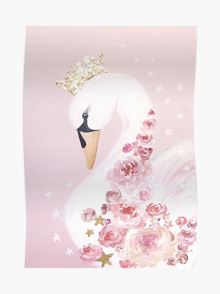 Cygne Princesse Rose Avec Fleurs Oiseau Or Couronne Poster