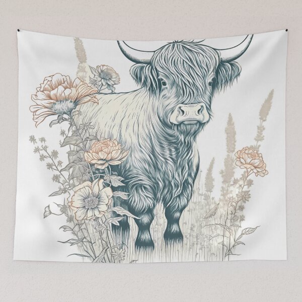 Item preview, "Vintage Highland Cow and Flower" designed and sold by Art-Vortex-fr.