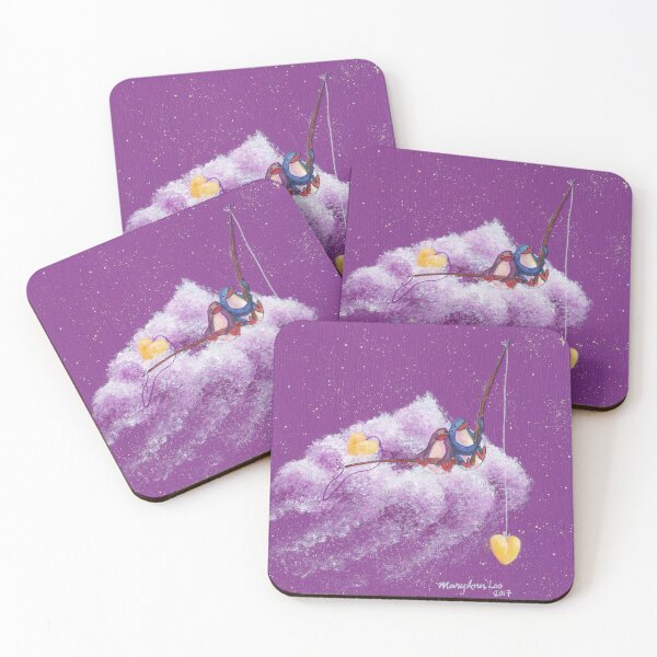 Item preview, Penguin couple fishing for yellow hearts on cloud in purple night sky. designed and sold by PenguinGirl-Art.