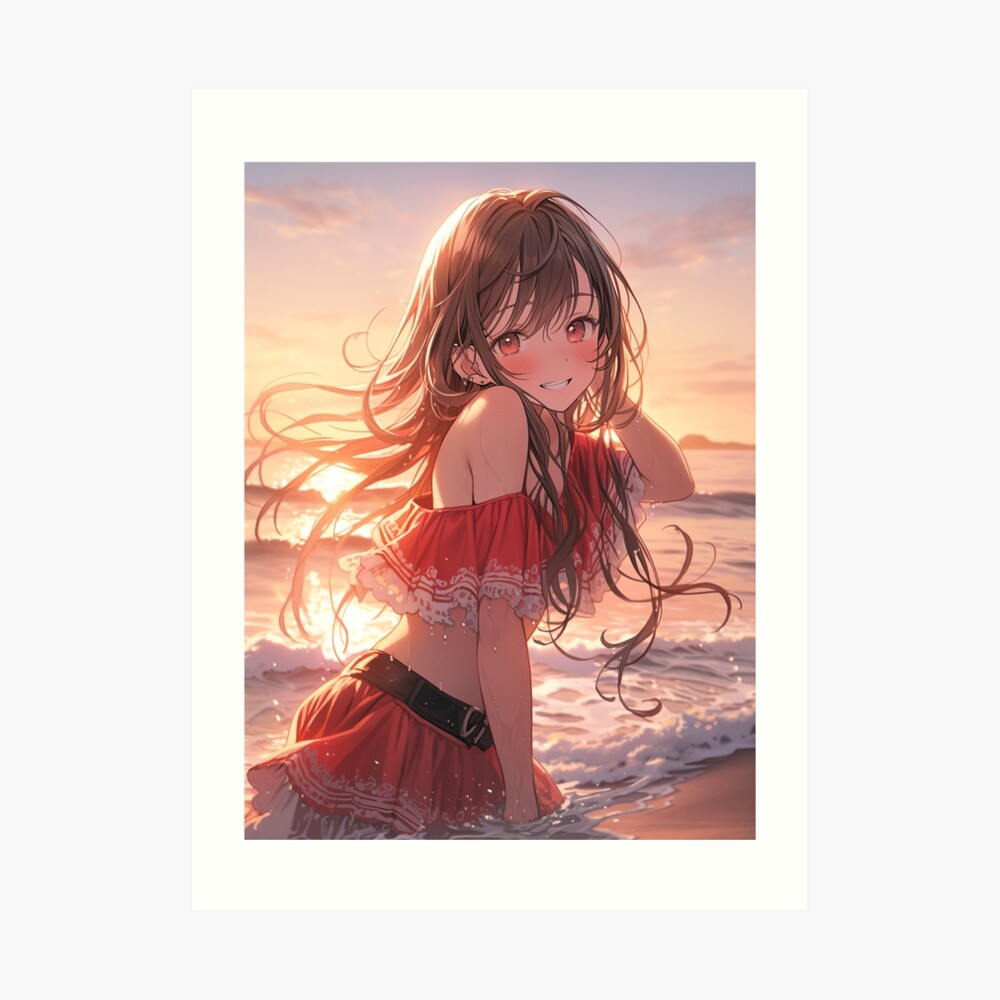 Beautiful Anime Girl in The Majestic Sunset, Anime Style Cute Girl in the  Beach, High Quality AI Images